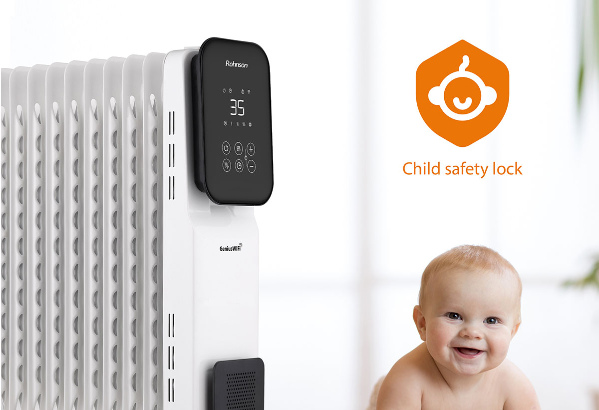 Το καλοριφέρ ένα μωρό και το icon που αναγράφεται το child safety lock.